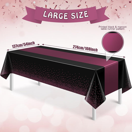 3Pcs Black and Maroon Purple Tablecloth Party Decorations,Plastic Black Table Cloth Printed Maroon Purple Table Runner Disposable Rectangle Table Cover for Birthday Wedding Graduation Party,54x108Inch