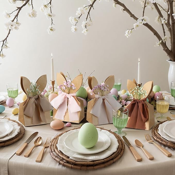 Affrolling 24 Set Boho Bow Easter Bunny Party Favor Bags DIY Bunny Gift Boxes with Neutral Bow Ribbon and Dried Flowers Rustic Paper Rabbit Ears Treat Bags Bulk for Easter Spring (Brown)