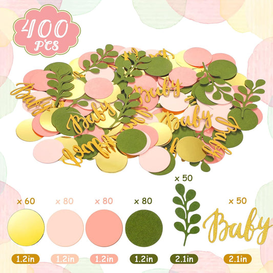 400 Pcs Sage Olive Green Baby Shower Confetti Scatter Decorations Peach Blush Pink Table Confetti Dots with Eucalyptus and Gold Baby Scatter for Gender Reveal Decor