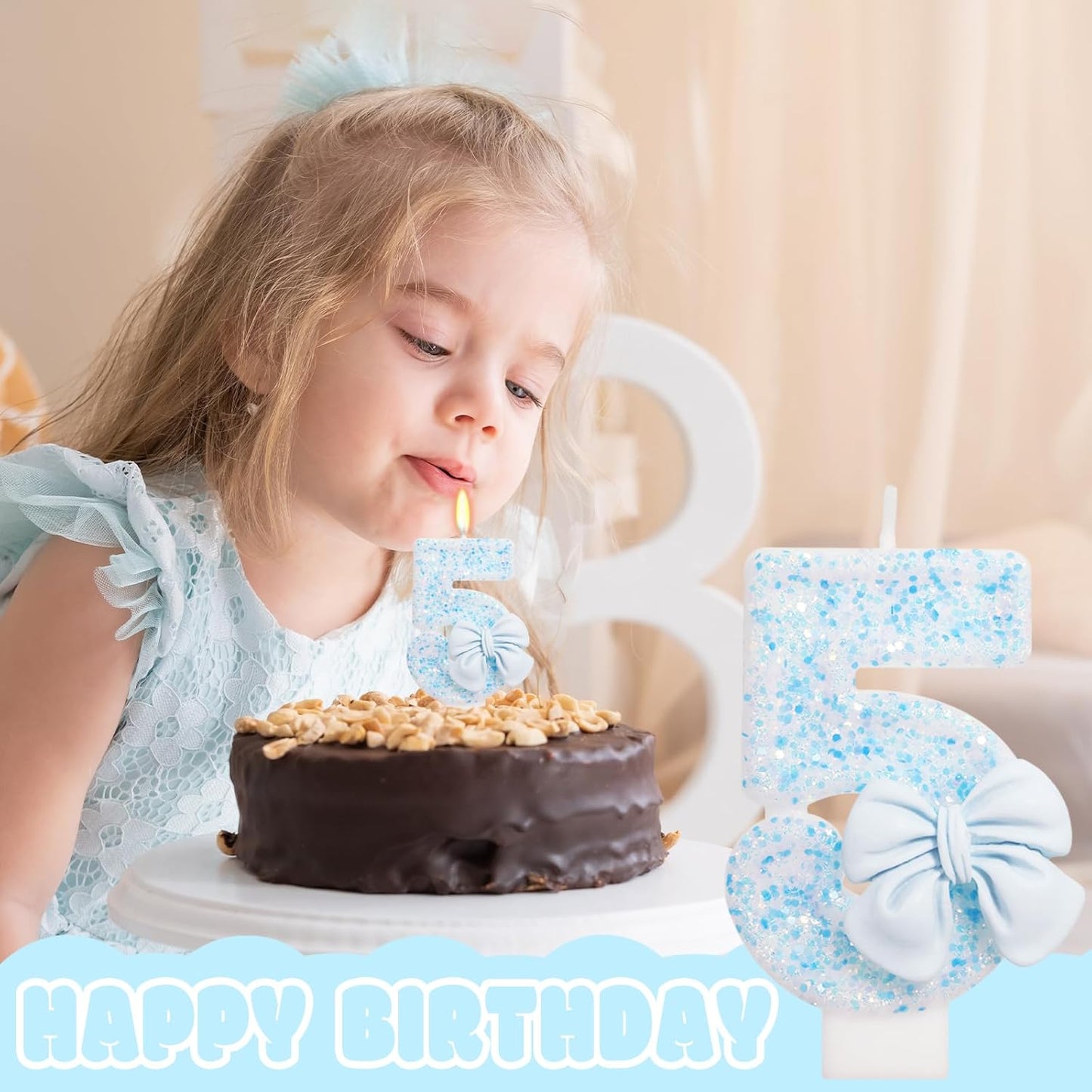 Birthday Candle for Cake, Blue Bow Number Candles, 2.76 inch Number, Cake Topper Decoration for Birthday Party (Number 5)