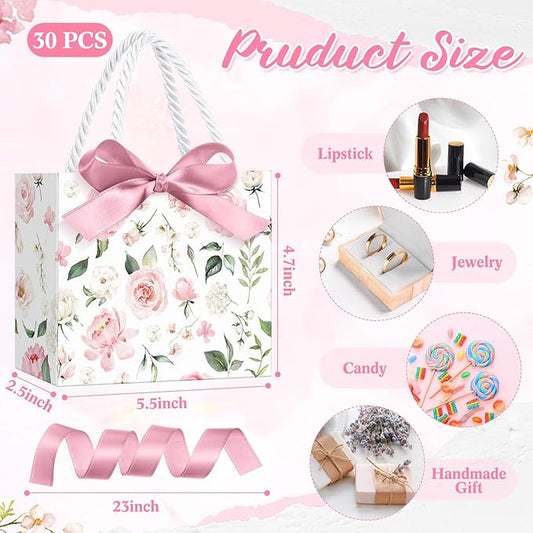 Moinchore 30 Pcs Pink Floral Paper Gift Bags with Ribbon Handles, 5.5 x 4.7 x 2.5 in Medium Decorative Favor Bags for Baby Shower, Bridal Party, Wedding, Birthday, Candy, Snacks and Small Gifts