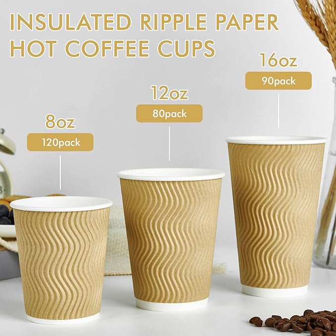 16 oz Coffee Cups, 90 Count Insulated Ripple Wall Paper Hot Coffee Cups for Hot Beverage