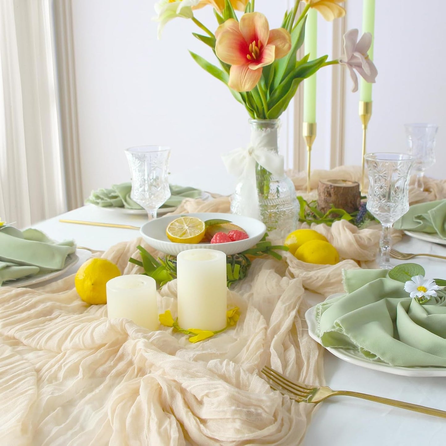 FEXIA 3 Pack Beige Table Runner 35x120 Inches for Baby Shower Decoration Gauze Spring Easter Table Runner for Wedding Party First Communion Centerpiece Engagement Bridal Shower Decoration