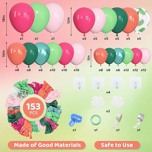 Amandir 153pcs Tropical Balloon Arch Kit, Different Sizes 18 12 10 5 inch Hot Pink Green Orange Palm Leaves Hawaiian Luau Balloons for Summer Aloha Flamingo Birthday Shower Beach Party Decorations