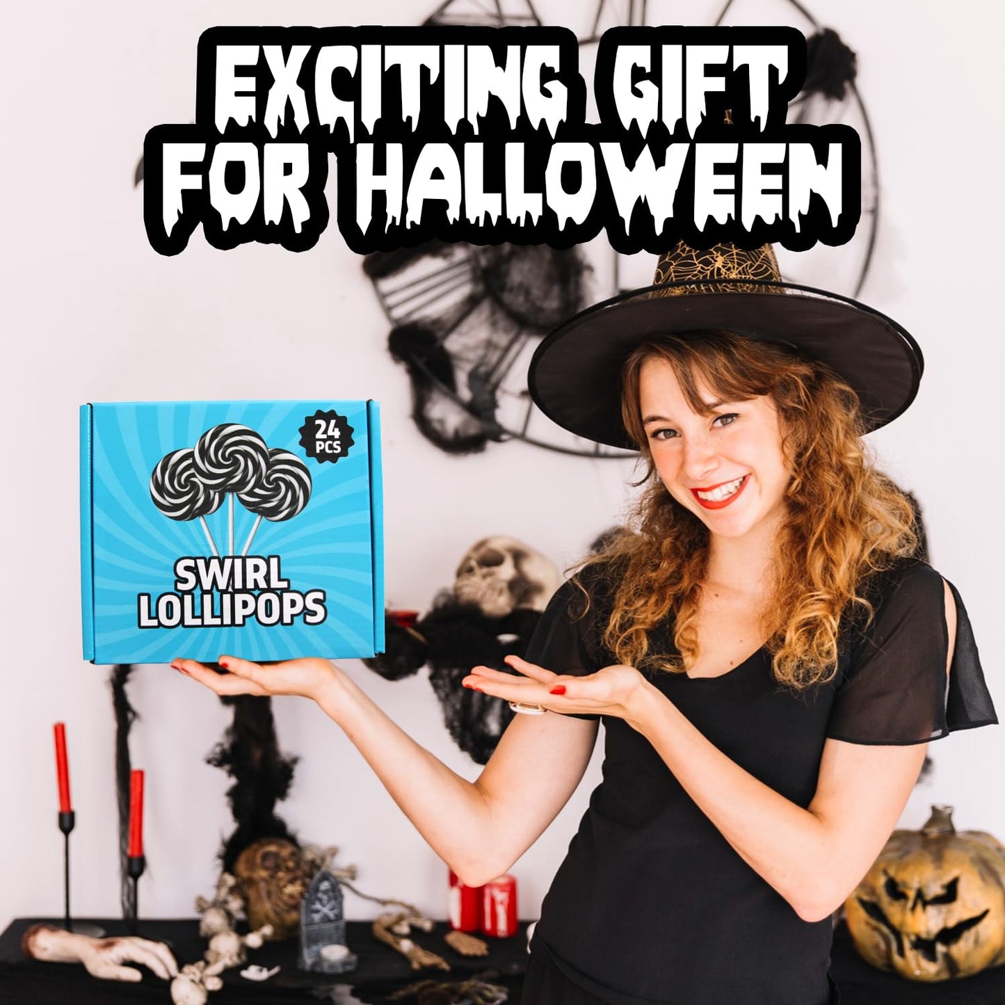 Black and White Halloween Lollipops, 24 Pieces of swirl Lollipops Individually Wrapped, Perfect Trick or Treat for Kids and Adults, Halloween Candy Individually Wrapped for Sharing at Parties