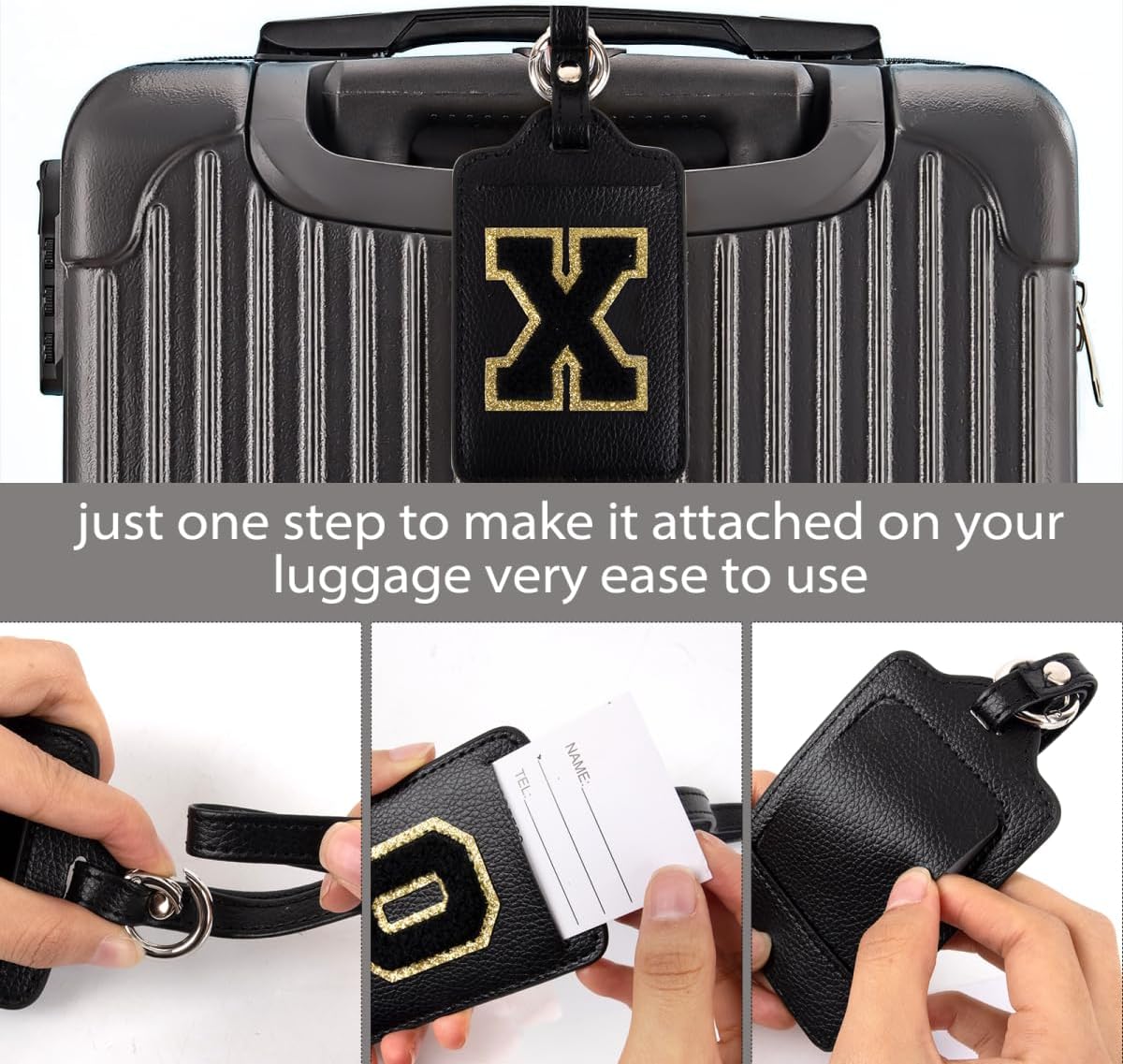 Personalized Initial Luggage Tags for Suitcases, Leather Chenille Letter Cute Luggage Tags with Privacy Name Card, Embroidered Travel Bag Backpack Tags Gifts for Women Kids Girls Teens(Black-M)