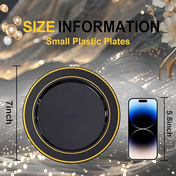 100Pcs Black Plastic Dessert Plates, Disposable Salad Plate with Gold Rim, Premium Hard Fancy Small Plates, Heavy Duty Plastic Cakes Plates for Party, Wedding and Birthday