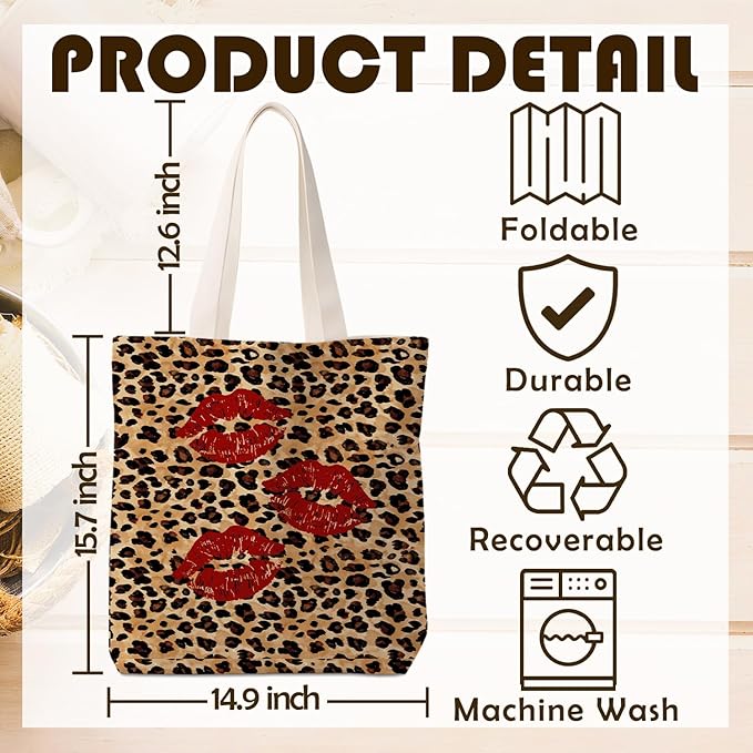 Coquette Leopard Red Lip Tote Bag for Women,Trendy Cheetah Print Canvas Tote Bag for Girls,Girly Leopard Lip Print Aesthetic Reusable Shopping Grocery Bags Party Favors