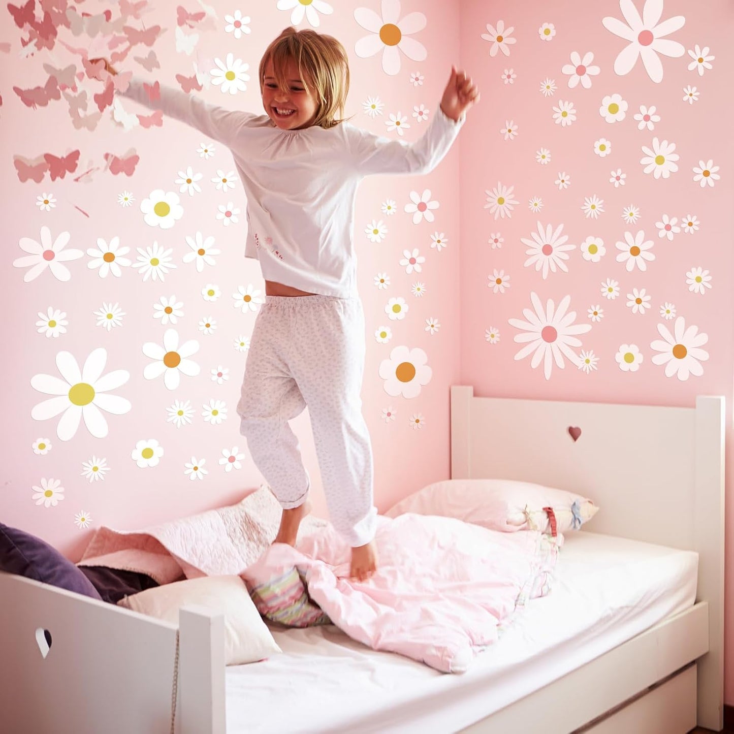 Kisston 90 Pcs Daisy Wall Decal Alphabet Vinyl Wall Decals Boho Decal Daisy Stickers Boho Groovy Floral Stickers for Nursery Art Bedroom Classroom(White)