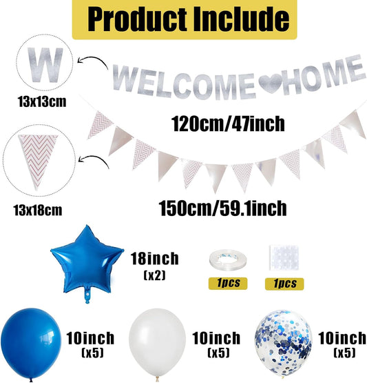 Welcome Home Decorations,Blue Silver Welcome Home Balloons Banners Set,Welcome Home Glitter Banner with Confetti Balloons,Pennant Flag Bunting for Home Family Baby Shower Party Supplies
