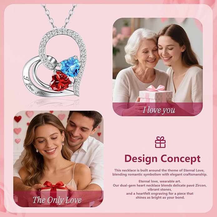 Double Birthstone Heart Necklace 0.8CT Dual-Gemstone S925 Sterling Silver Plated White Gold Engraved I Love You Perfect Anniversary/Valentine's Day Gift for Wife/Girlfriend/Mom/Daughter