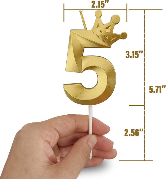 The Number 5 Gold Birthday Candles for Cake is Beautiful Number Candles for 5th Birthday Decorations for Boys and Girls (Gold-5, Crown)