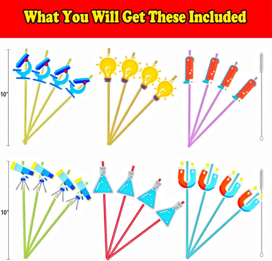24pcs Science Theme Straws 6 Colors Reusable Plastic, Drink Cocktail Straws with Cartoon Decorations Mad Scientist Party Supplies Birthday Party Favors