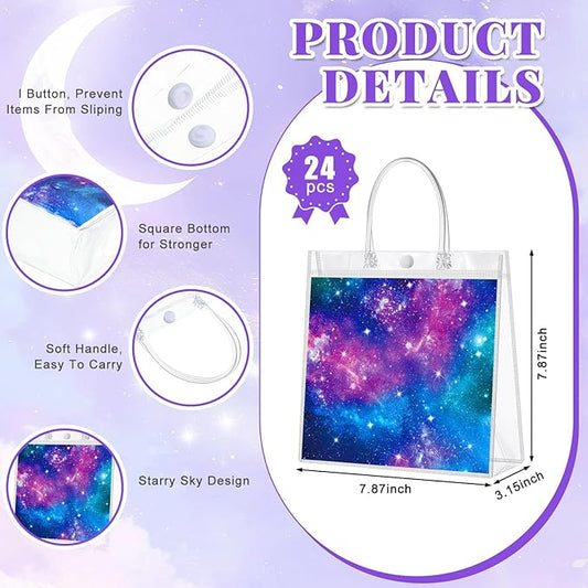 Kacctyen 24 Pcs Galaxy Party Clear PVC Gift Bags Starry Sky Favor Bags Space Treat Tote Starry Night Gift for Solar System Planet Birthday Baby Shower Party Supplies, 7.87 x 7.87 x 3.15 Inch