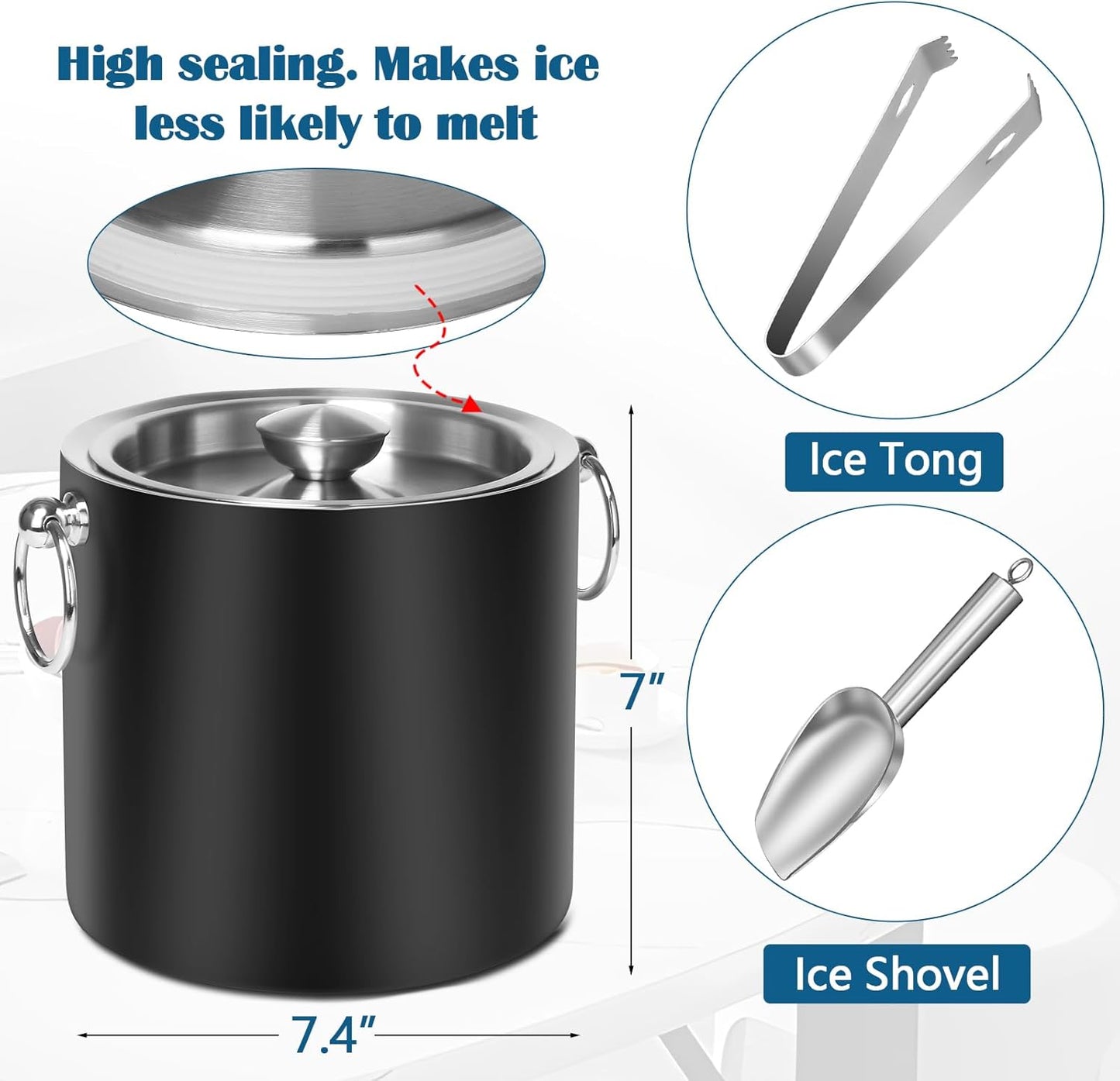 Ice Bucket with Lid & Tong- Well Made Insulated Stainless Steel Keep Ice Frozen Longer - Ideal for Cocktail Bar, Parties, Chilling Wine, Champagne - 3 Liter (Black)