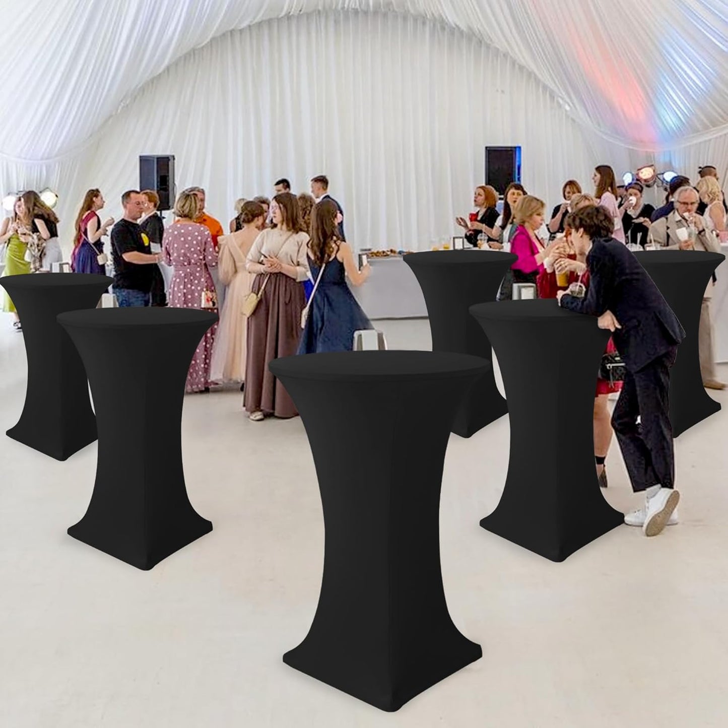 Cocktail Table Covers-Spandex Round High Top Table Cloths 8 Pack 32x43 Inch-Black Stretch Fitted Bar Tall Tablecloth for Pub Bistro Highboy Party Event Banquet Height Folding Satnding Tables