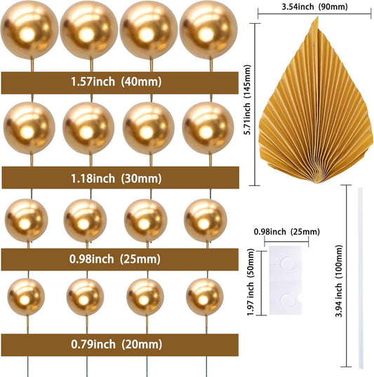 Ephlyn 28Pcs Paper Palm Fan Cake Topper Balls Cake Pick for Baby Shower Wedding Bridal Shower Birthday Party Cake Decorations Supplies Gold