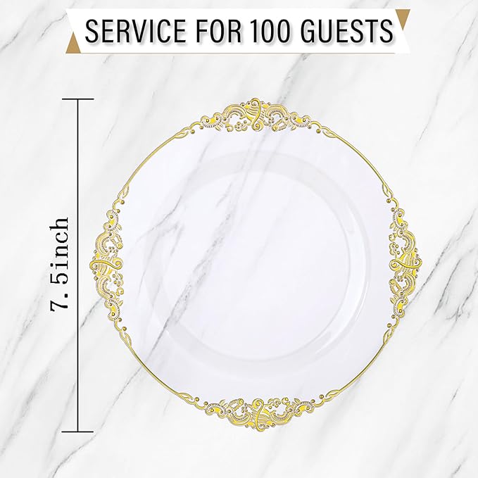Nervure 100PCS Clear and Gold Plastic Plates - 10.25Inch Gold Disposable Plates - Heavyweight Dinner Plate for Wedding & Party
