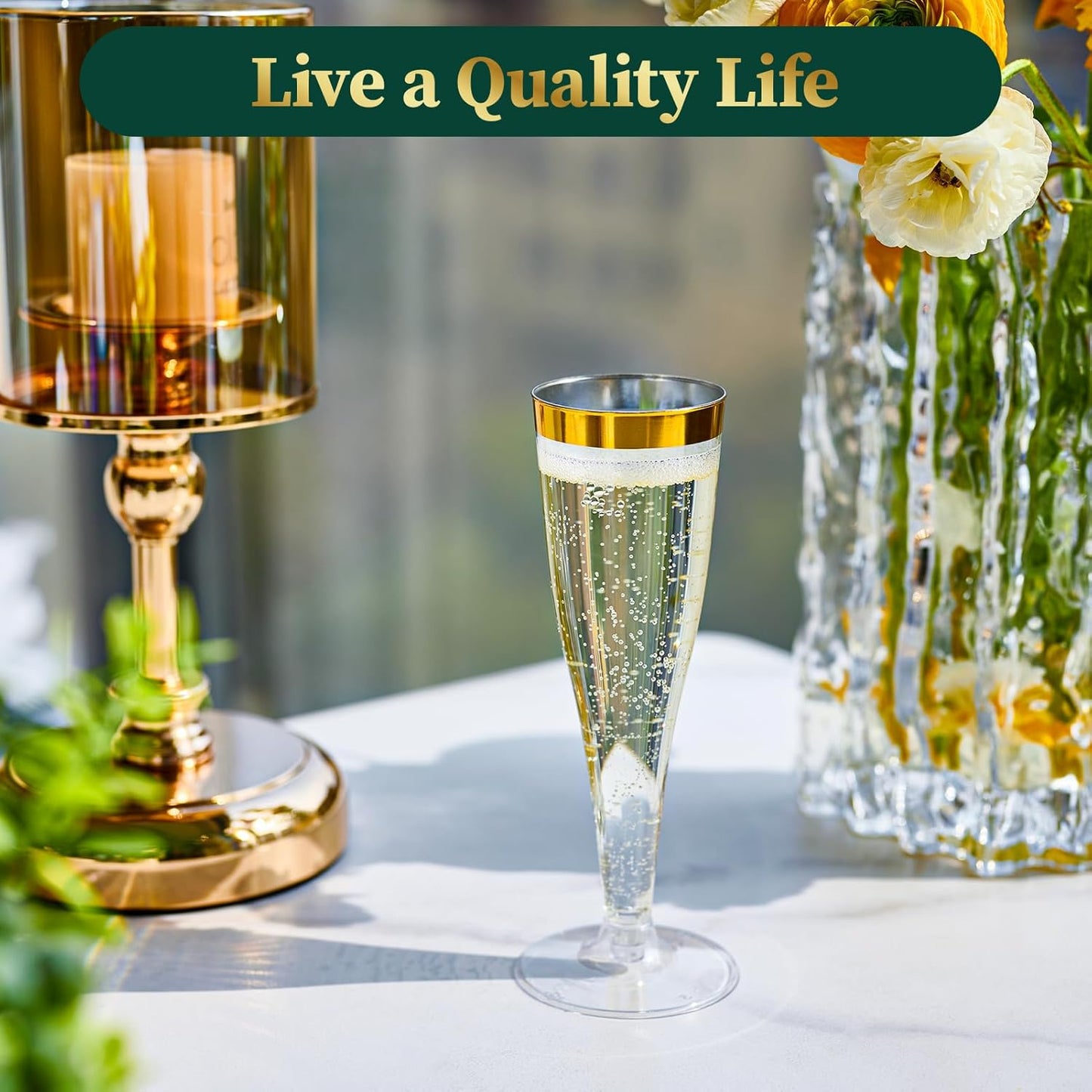 FOCUSLINE 50 Pack Plastic Champagne Flutes, 4.5 Oz Gold Rim Disposable Champagne Glasses for Wine, Cocktails, Mimosas, Disposable Clear Toasting Glasses, Perfect for Parties and Any Celebrations