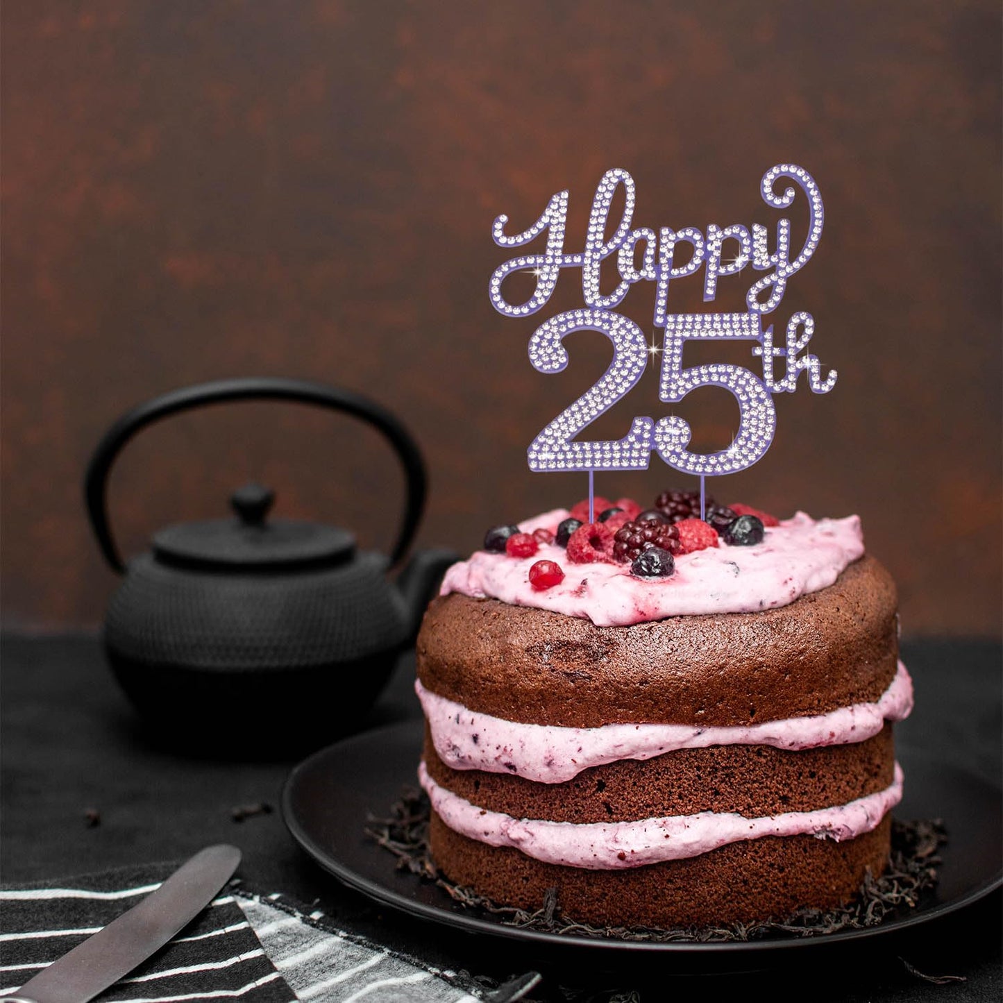 Happy 25th Birthday Purple Rhinestone Cake Topper - 25th Birthday/Anniversary,Cheers to 25 Years Old Bday Party Metal Sparkly Centerpieces Decorations.