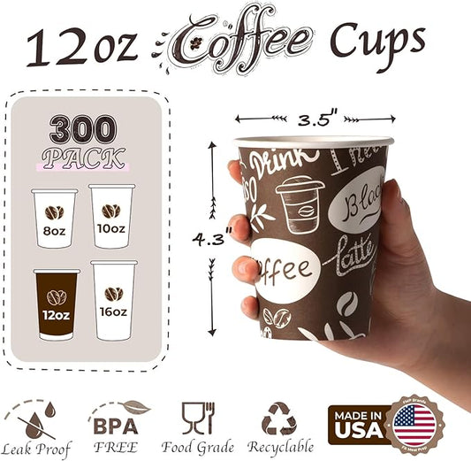 Fit Meal Prep 12 oz Coffee Cups 300 Count, Leak-Proof Hot Cup, Disposable Paper Coffee Cup Bulk for Hot/Cold Beverage, Durable Thickened Paper Cups for Party, Office, Bussines, Home, Bistros
