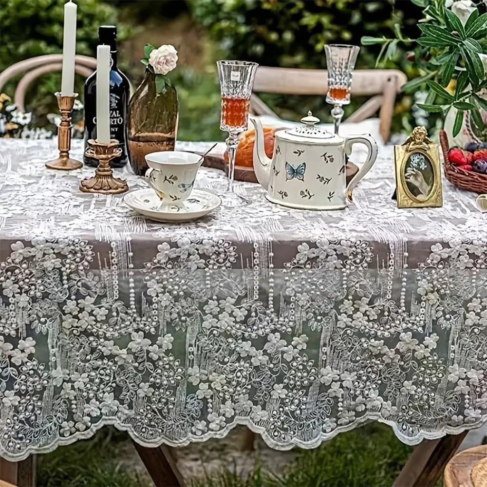 French Embroidery Lace Tablecloth - Round/Rectangular/Square Options for Coffee Tables, Vintage White Lace Table Cover for Kitchen, Dining Room, Party, Banquet, Wedding, Picnic, Home Decor(53*53in)