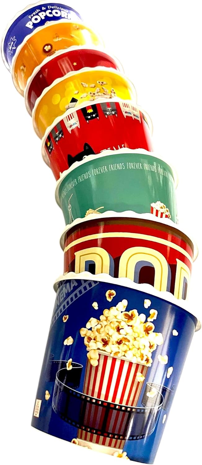 Modern Style Reusable Plastic Popcorn Box/Popcorn Containers/Popcorn Bowls Set for Movie Theater Night - (BPA Free - 8 Pack - 75 oz) (Popcorn Mix X)