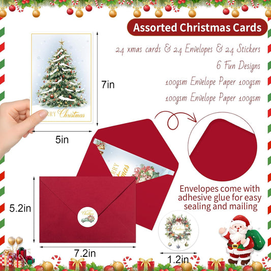 24 Pack Christmas Cards with Envelopes & Stickers, 5 x 7 Inch Holiday Cards Assorted Christmas Card in 6 Designs for Friends Family Coworkers (Watercolor Style)