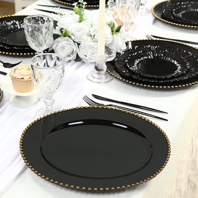 Efavormart 10-Pack Economy Plastic Charger Plates 13" Round Black with Gold Beaded Rim - Stylish Dinner Party Serving Plates