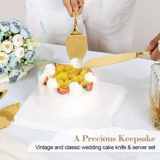 Wedding Cake Knife and Server Set, Personalized Gold Cake Cutting Set for Wedding, Engraved Classic Cake Cutter Set, Pie PastryServer, Birthday Bridal Quinceañera Gift (CUS-Feather)