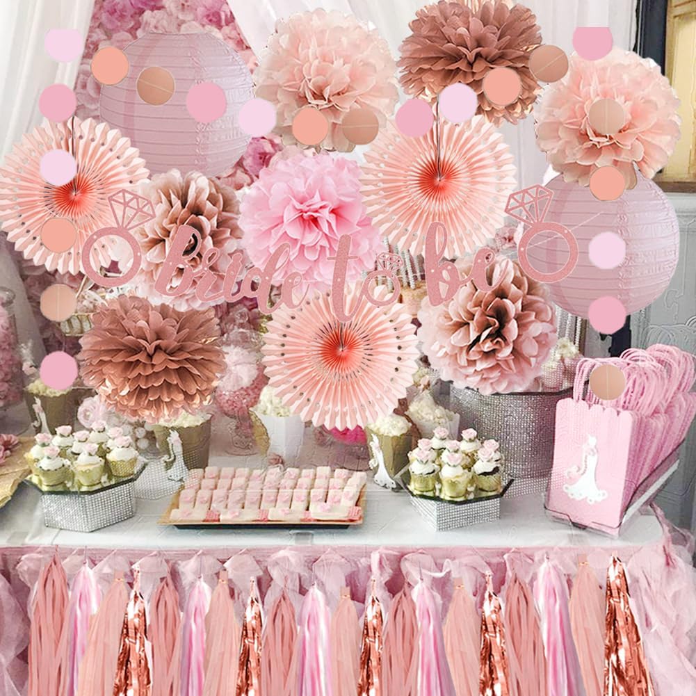 Pink Bachelorette Party Decorations Rose Gold Bride to Be Light Pink Rose Gold Bridal Shower Decorations Dusty Rose Pom Poms Peach Fans Lanterns with Tassel Garland Bride to Be Banner for Wedding