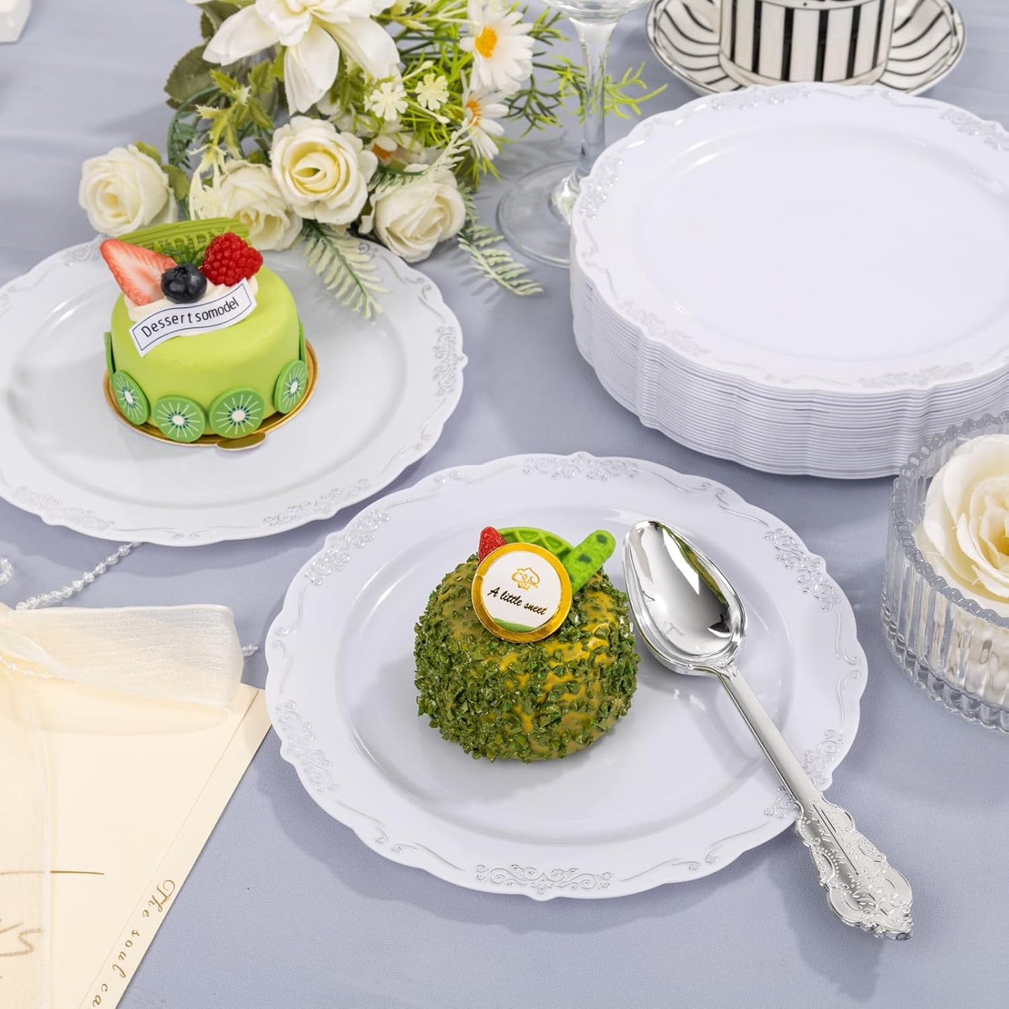 DaYammi 60PCS White and Silver Plastic Plates, Heavy Duty White and Silver Disposable Plates Premium 7.5inch White Dessert Cake Salad Appetizer Platos Hard Plastic Platos Disposable for Party Wedding