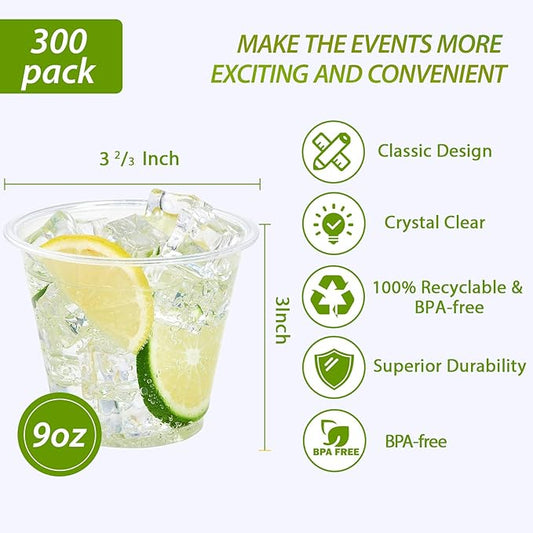 Lilymicky 300 Pack 9 oz Clear Plastic Cups, 9 Ounce Disposable Plastic Drinking Cups, Crystal Clear, for Parties, Ceremonies, Events