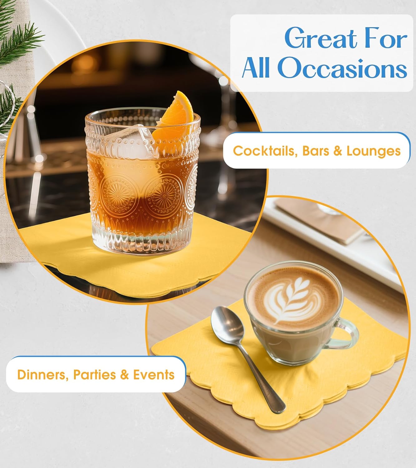 100 Pack Cocktail Napkins, 3-Ply Scalloped Edged Wedding Napkins Folded 5 x 5 Inches Dessert Napkins, Disposable Napkins for Dinner Birthday Party Bridal Anniversary Baby Shower Reception (Yellow)
