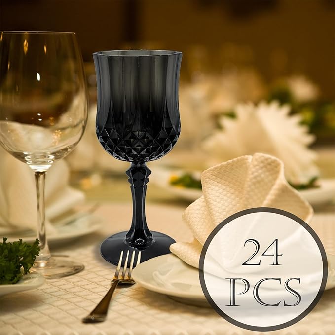 24 PCS Black Plastic Wine Glasses,Reusable Plastic Wine Glasses,Black Goblet Glass,Durable and Sturdy Cups Can Be Used for Various Parties Such as Weddings!