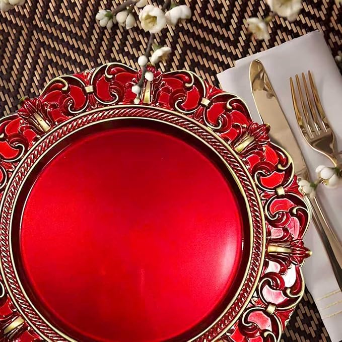 6 Pack Red Charger Plates 13" Round Charger Plates for Dinning Plates with Embossed Rim Plastic Charger for Dinner, Wedding, Elegant Tableware Decor