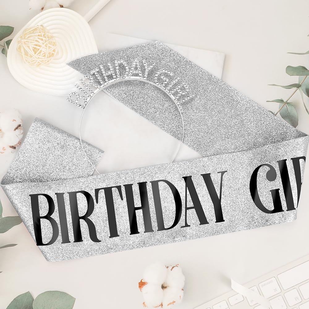 Birthday Sash Birthday Crown for Women, Birthday Girl Sash, Birthday Girl Crown, Glitter Silver Birthday Sash and Crown Rhinestone Headband Set, Happy Birthday Girl Princess Tiara Sash Accessories