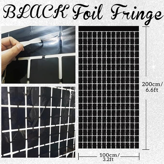 GOER Black Party Backdrop Metallic Tinsel Foil Fringe Curtain Photo Booth Props for New Year's Eve Graduation Halloween Birthday Casino Theme Party Holiday Celebration Party Decorations (2 Packs)