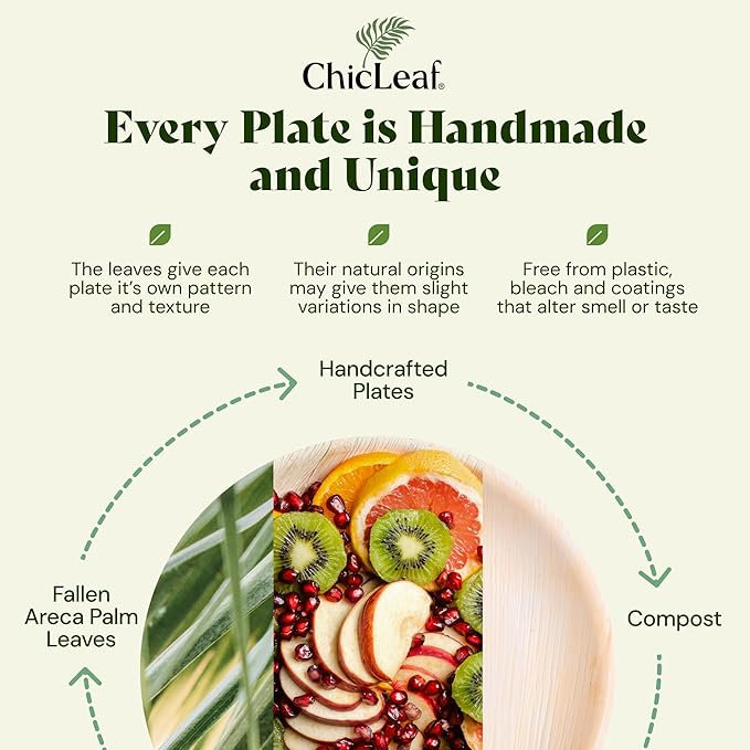 Chic Leaf Palm Leaf Disposable Bamboo Plates - Square Party Plates for Weddings, Parties, Event Appetizers - Biodegradable & Compostable - Romantic Dinner for 2 Party Supplies (10", 100 Pack)