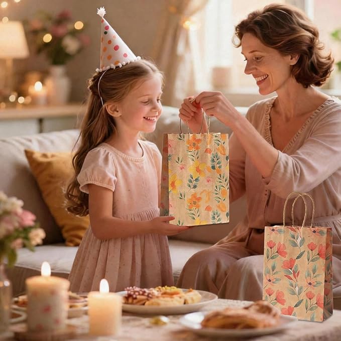 24pcs Floral Pattern Kraft Paper Bag Gift Bags with Handles for Party Favors, Mothers Day, Weddings, Birthday Celebration, Baby Shower,8.26×5.9×3.14inch