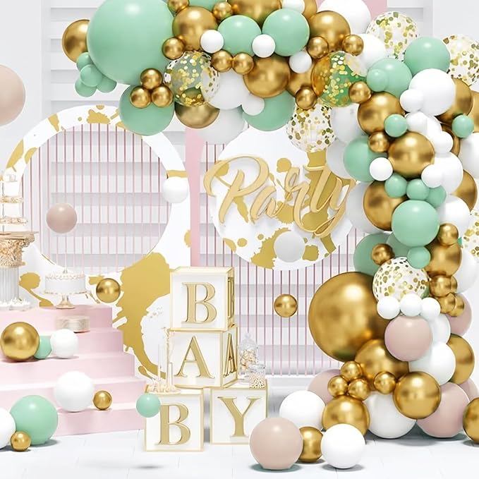 MEBAY Pastel Green Pink White Gold Balloon Arch Kit, 147PCS Fog Green Light Pink White Sand Gold Metallic and Confetti Balloons Garland for Baby Shower Gender Reveal Wedding Party Decoration