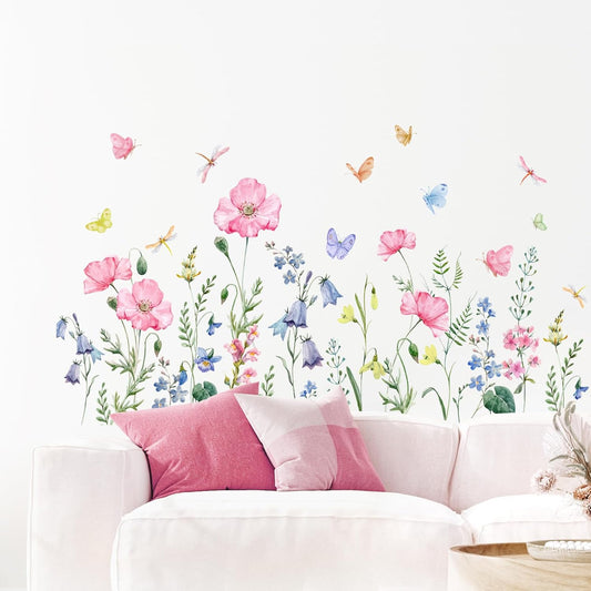 Supzone Watercolor Wildflower Wall Decals Colorful Garden Flower Grass Butterflies Wall Stickers for Girls Bedroom Living Room Home Office Wall Decor