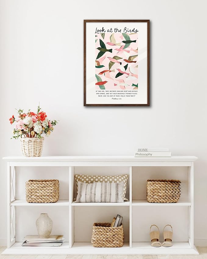 EcoHest Walnut Color OAK Wood Framed Wall Art, 12x16in Matthew 6 Look At the Birds of the Air Bible Verse Christian Wall Art, Modern Bedroom Decor For Living Room Bathroom Religious Gift 1Pack