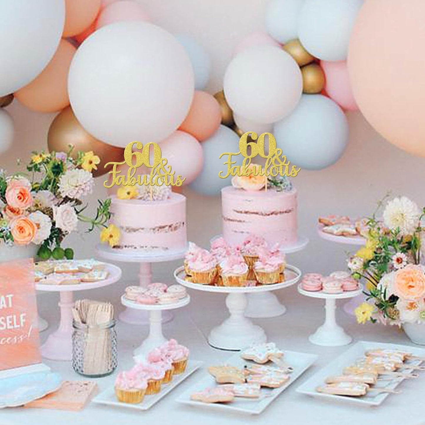 1 PCS 60 & Fabulous Cake Topper Gold Glitter 60th Birthday Anniversary Cake Pick Decoration for 60th Birthday Wedding Anniversary Party Decorations Happy 60th Birthday Cake Decorations Supplies