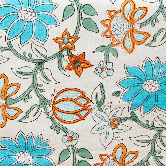 Block Print Cotton Dining Table Cloth, 90" x 60", Rectangle Tablecloth, Decorative Fabric Table Cover, Holidays, Thanksgiving, Christmas, Weddings, Housewarming Gift (Orange Turquoise Blue Lotus)