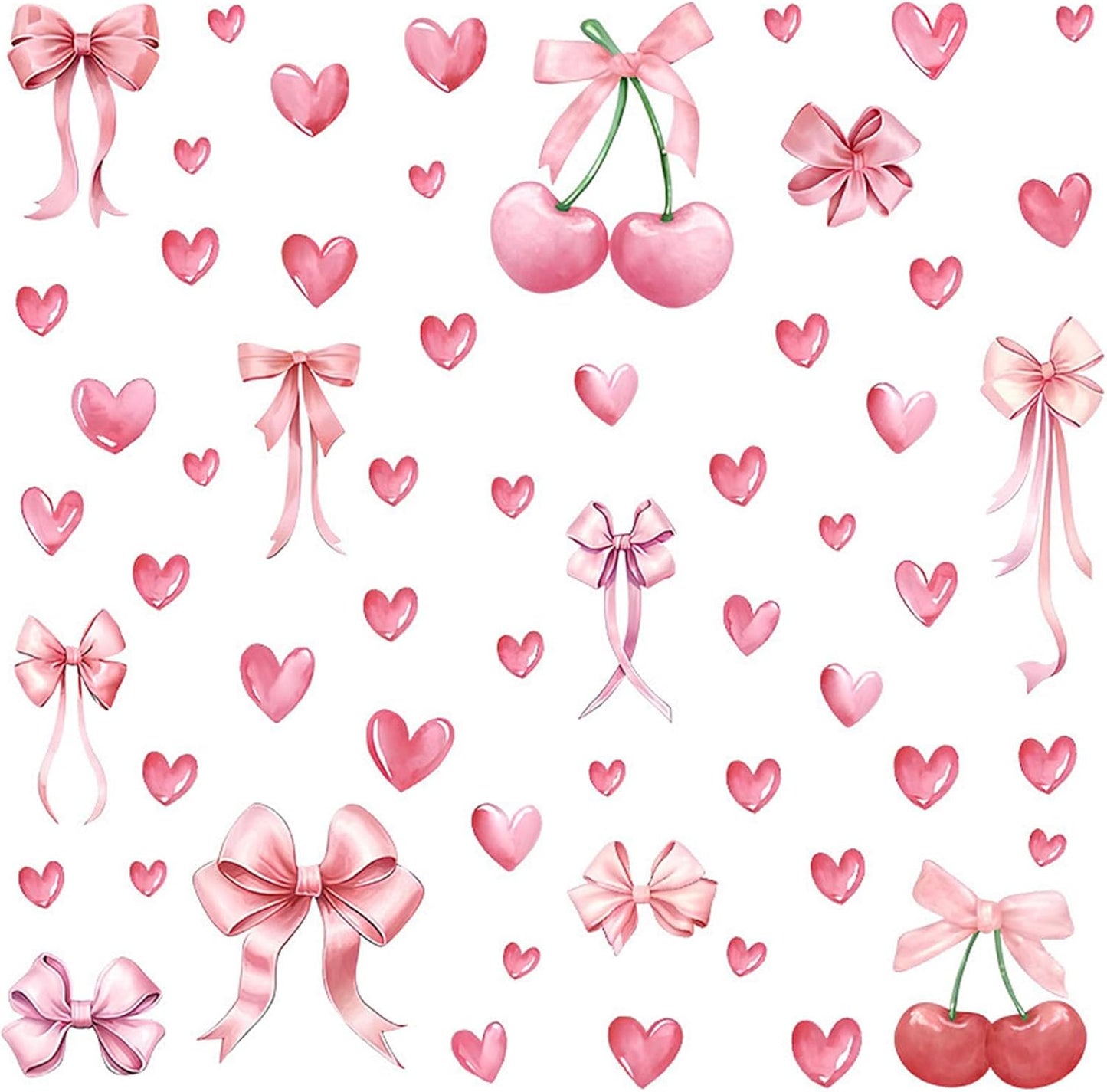 58pcs Bowtie and Cherry Room Decor Pink Wall Stickers and Decals for Bedroom Bathroom and Living Room Cherry Wall Sticker and Decal Bow Decor