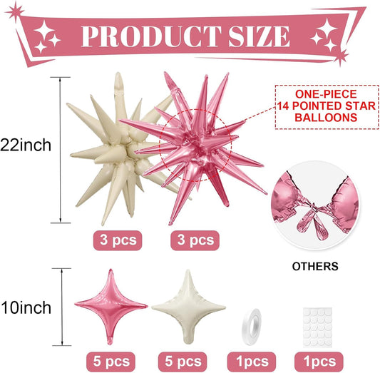 Pink White Star Balloon,Sand White Pink 6Pcs 22Inch Explosion Star Balloons and 10Pcs 10Inch Four Angle Balloons Kit for Birthday Anniversary Baby Shower Wedding Party Decorations