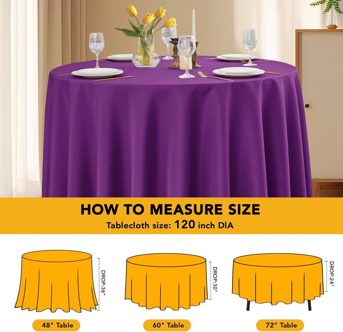 6-Pack Purple Round Tablecloths, 120 Inches, Stain-Resistant Polyester for 5-6 Ft Round Tables - Washable Table Covers for Weddings, Banquets, Birthday Parties, Events