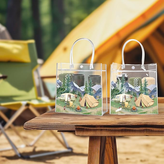Aliceset Camping Themed Party Favor Bags Camping Themed Treat Goodies Happy Camper Party Bags for Birthday Adventure Baby Shower Supplies Gift Candy Snack Wrapping, 8x8x3.15 inch