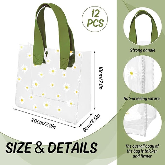 Whaline 12Pcs Daisy Clear PVC Gift Bags with Green Handle Cute Flower Reusable Transparent Treat Bags for Spring Mother's Day Wedding Birthday Bridesmaid Baby Shower Party Favor